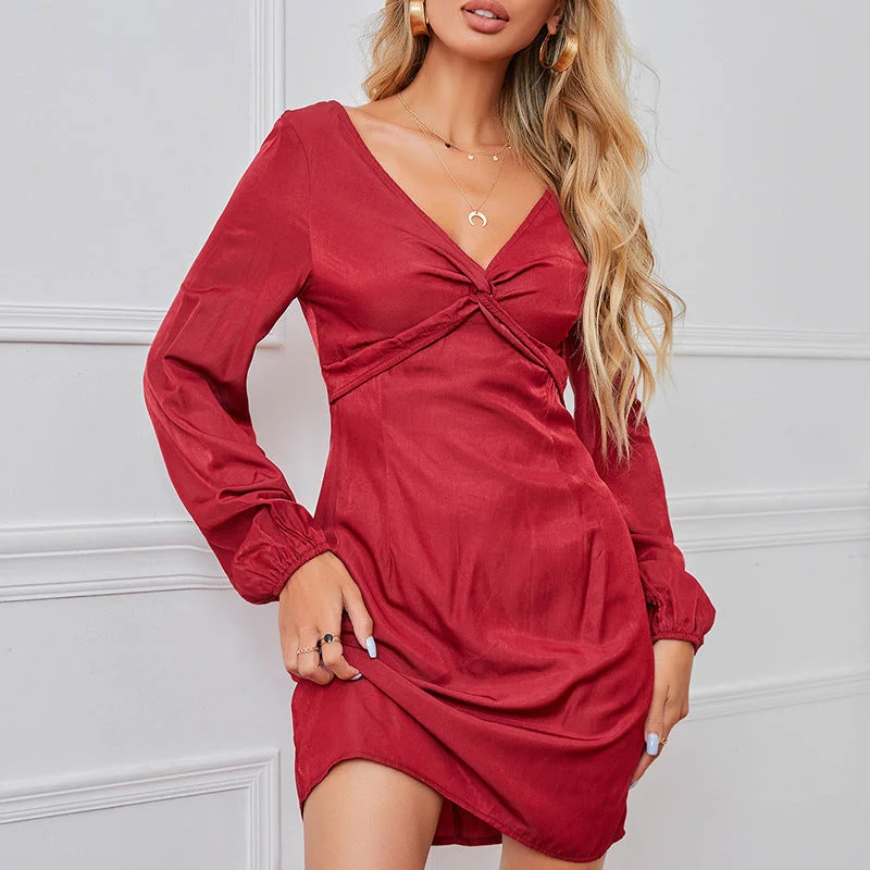 Deal of the Week Twist Front Satin Long Sleeve V Neck Mini Dress