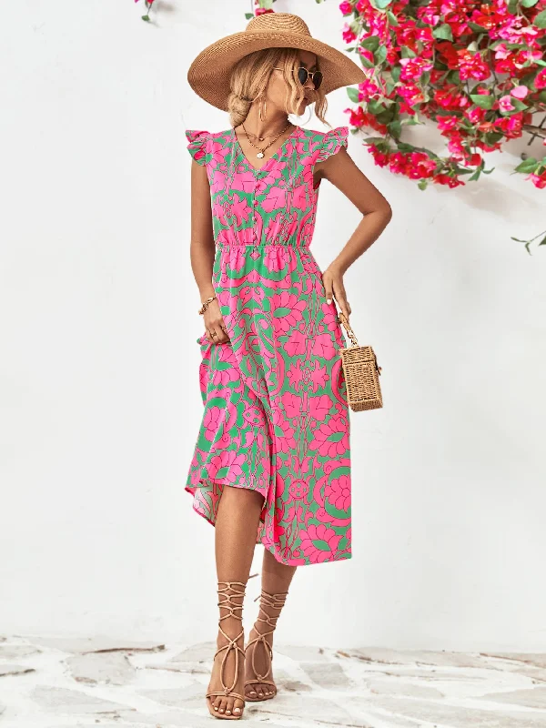 Special Offer V Neck Flutter Sleeve Floral Midi Ruffle Hem Dress