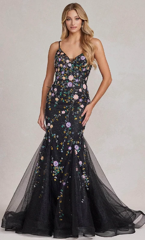 Doorbuster Deal Nox Anabel C1117 - V-Neck Floral Beaded Prom Gown