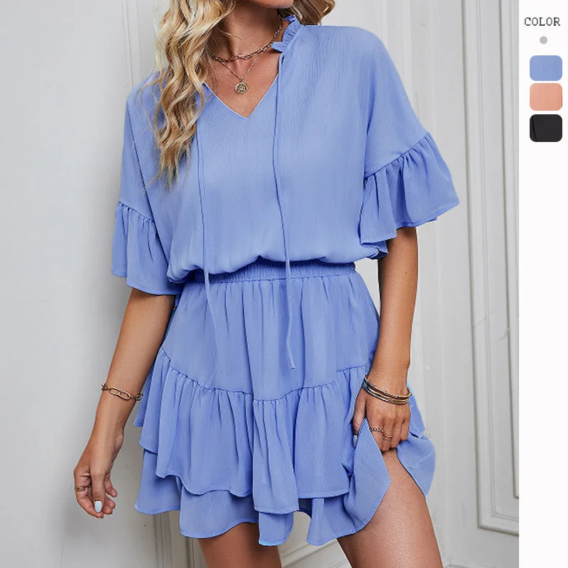 Holiday Sale Smocked Waist Tie Front Ruffle Hem Short Sleeve Layered Mini Dress