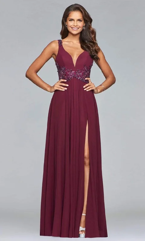 Shop and Save Faviana - 10102 Beaded Plunging V Neck Chiffon Dress