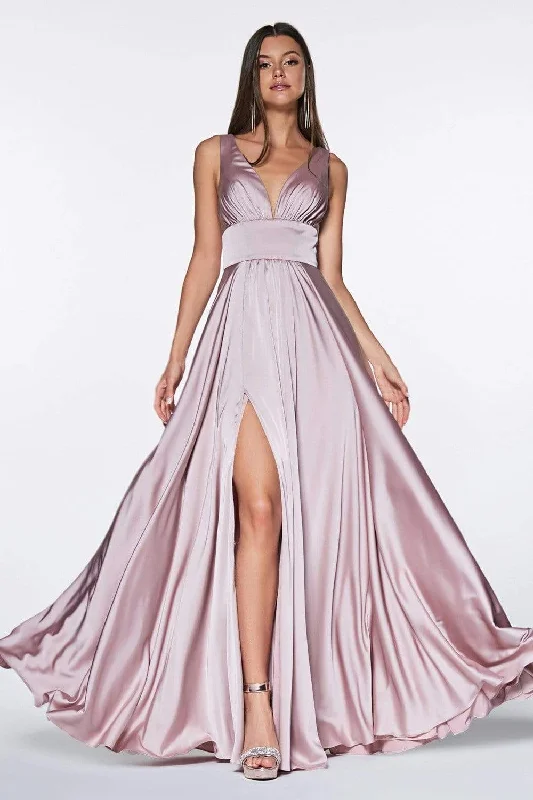 Weekend Deal Cinderella Divine - 7469 V Neck High Slit Satin Flowy A-Line Dress