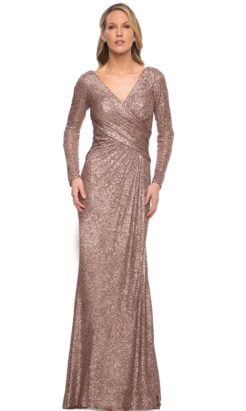 Blowout Sale La Femme 30310 - Sequined Long Sleeves V-Neck Gown