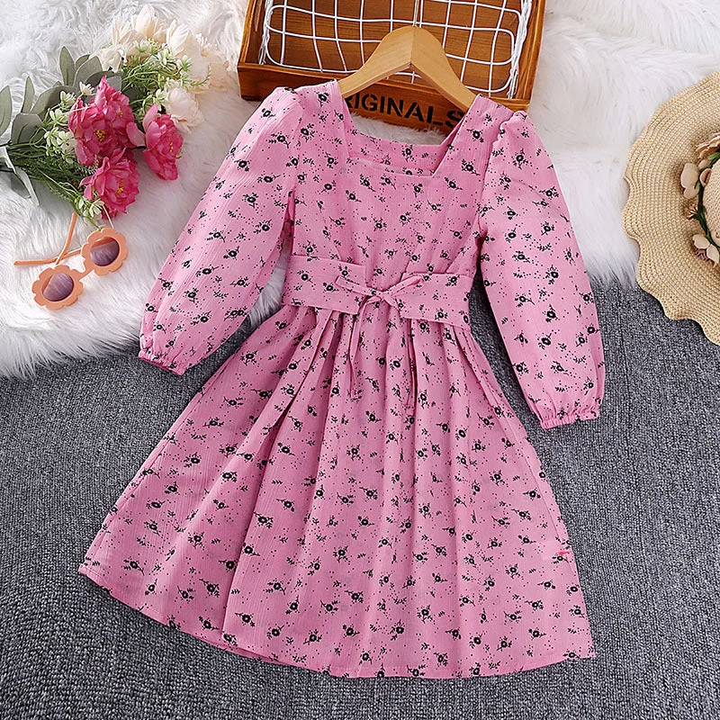 Stock Clearance Kids Floral Long Sleeve Corset Detail Dress