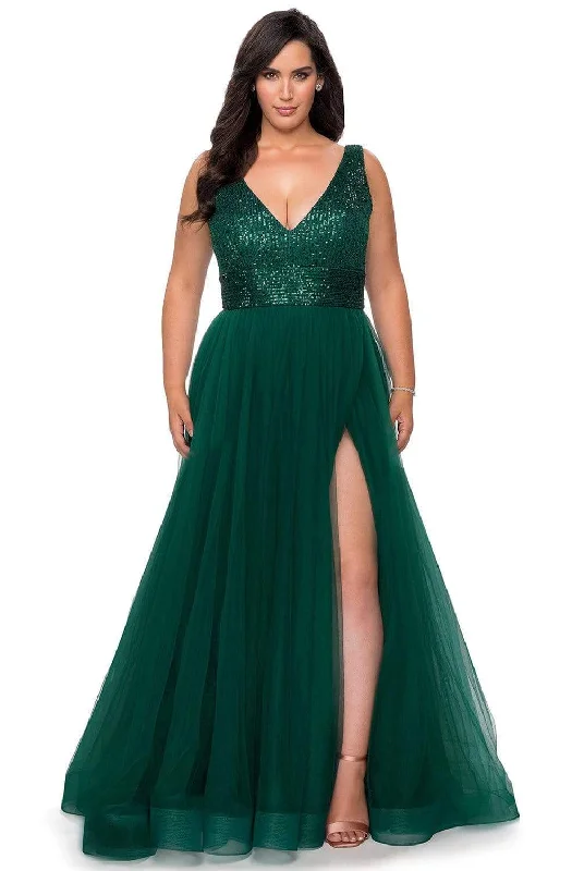 Savings Alert La Femme - 29045 Sequined V-Neck High Slit Junior Prom Gown