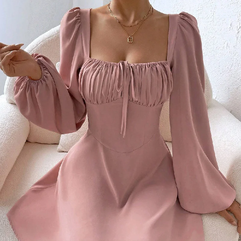 Midnight Madness Puff Sleeve Drawstring Corset Waist Ruched Long Sleeve Mini Dress