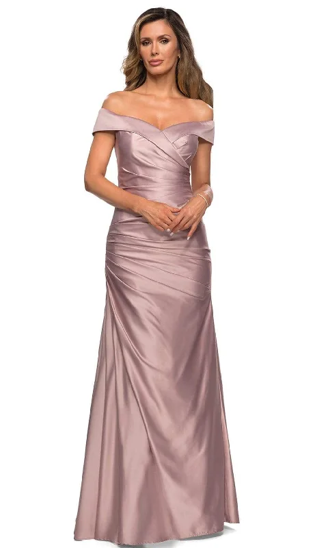 Season Finale Sale La Femme - 28103 Off Shoulder Pleated Satin Evening Gown