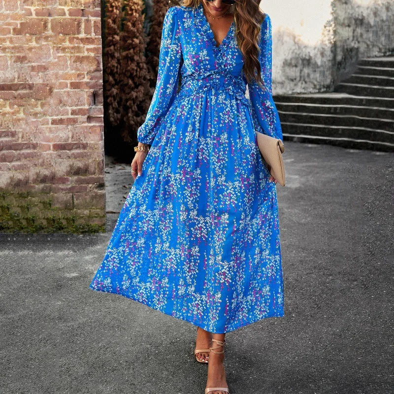 Closeout Floral Ruffle Hem Long Sleeve Chiffon Midi Dress