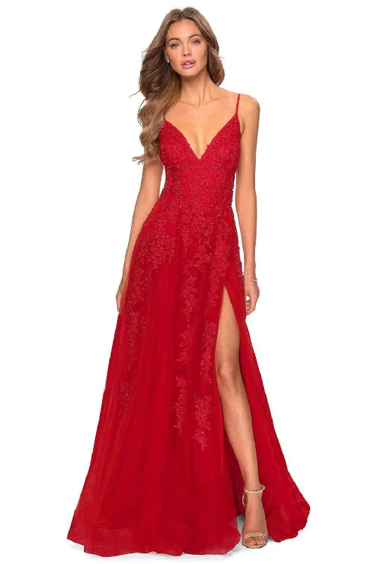 Price Cut La Femme - 28985 Floral Lace Embroidered Deep V-neck Junior Prom A-line Gown