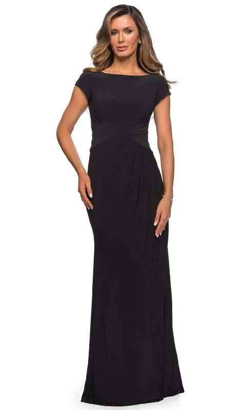 Discount Mania La Femme - 28026 Bateau Neck Cap Sleeve Sleek Jersey Long Dress