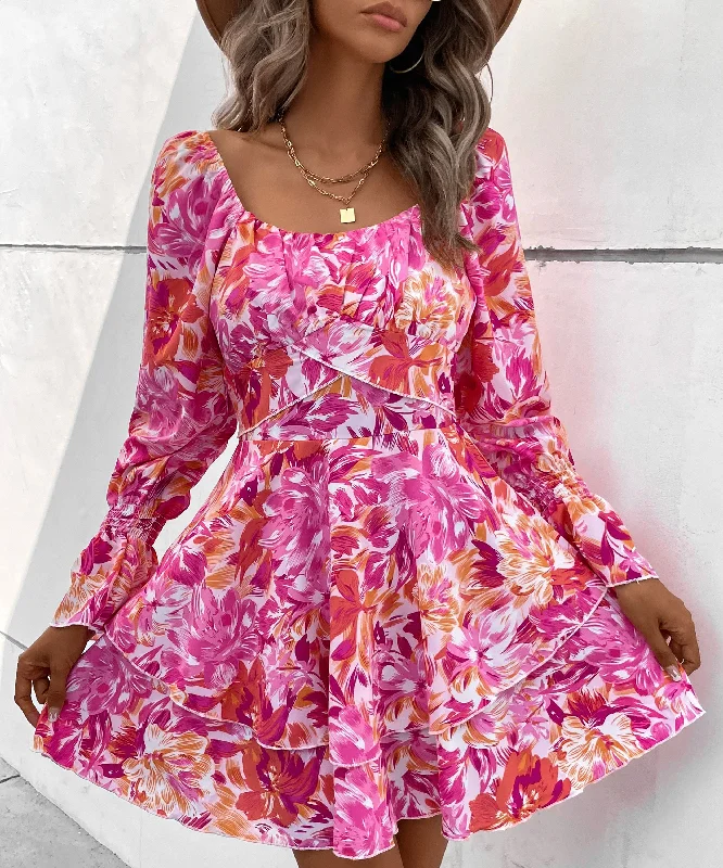 Early Access Floral Crossover Waist Long Sleeve A Line Mini Dress