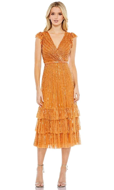One-DAY Sale Mac Duggal 5585 - V-Neck Ruffled Cap Sleeve Knee-length Dress