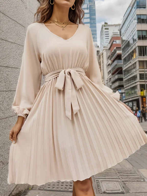 Final Markdown Pleated Long Sleeve V Neck Belted Mini Dress