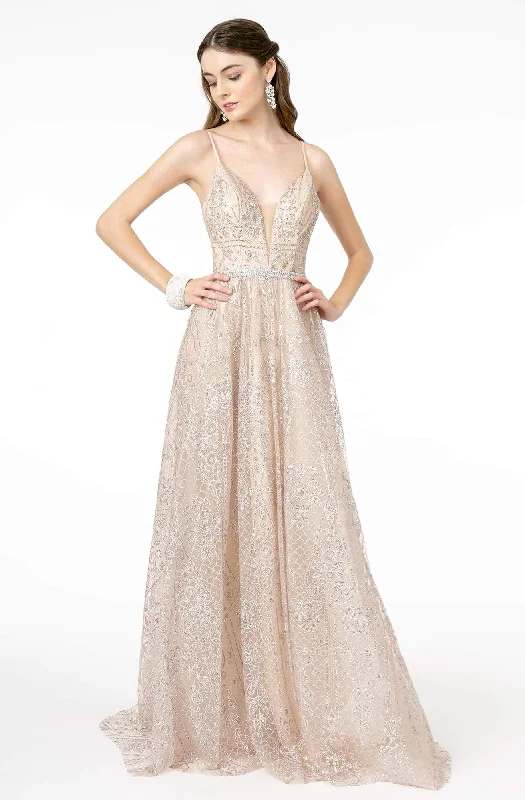 Huge Discounts GLS by Gloria - GL2915 Deep V-Neck Glitter Mesh A-Line Dress