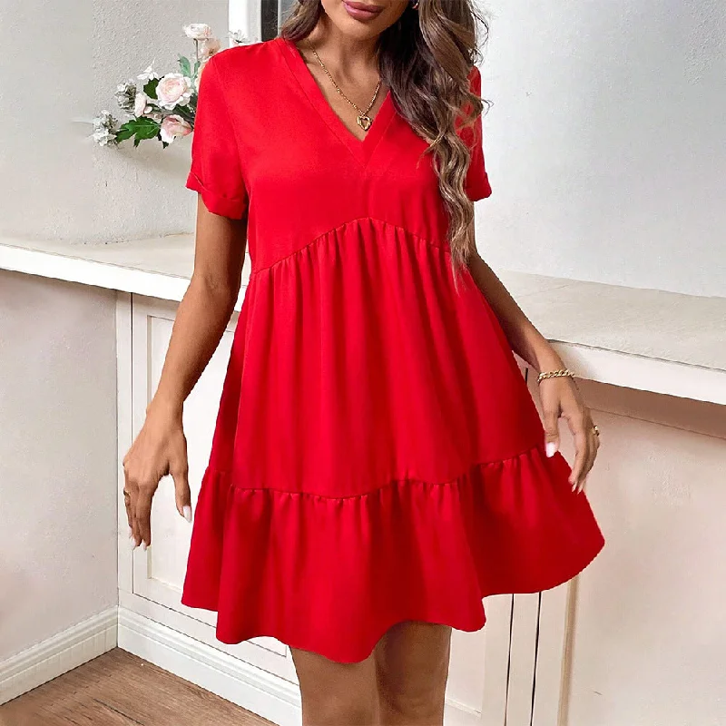 Epic Deals Babydoll Swing Casual Tiered Hem Ruffle Hem Short Sleeve V Neck Mini Dress Epic Deals Babydoll Swing Casual Tiered Hem Ruffle Hem Short Sleeve V Neck Mini Dress