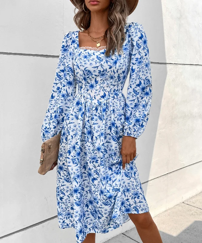 Limited Time Offer Square Neck Long Sleeve Floral Cinch Waist Midi Dress