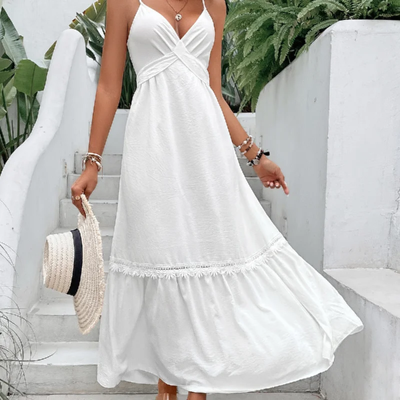 Limited Stock Spaghetti Strap V Neck Ruffle Hem Midi Dress