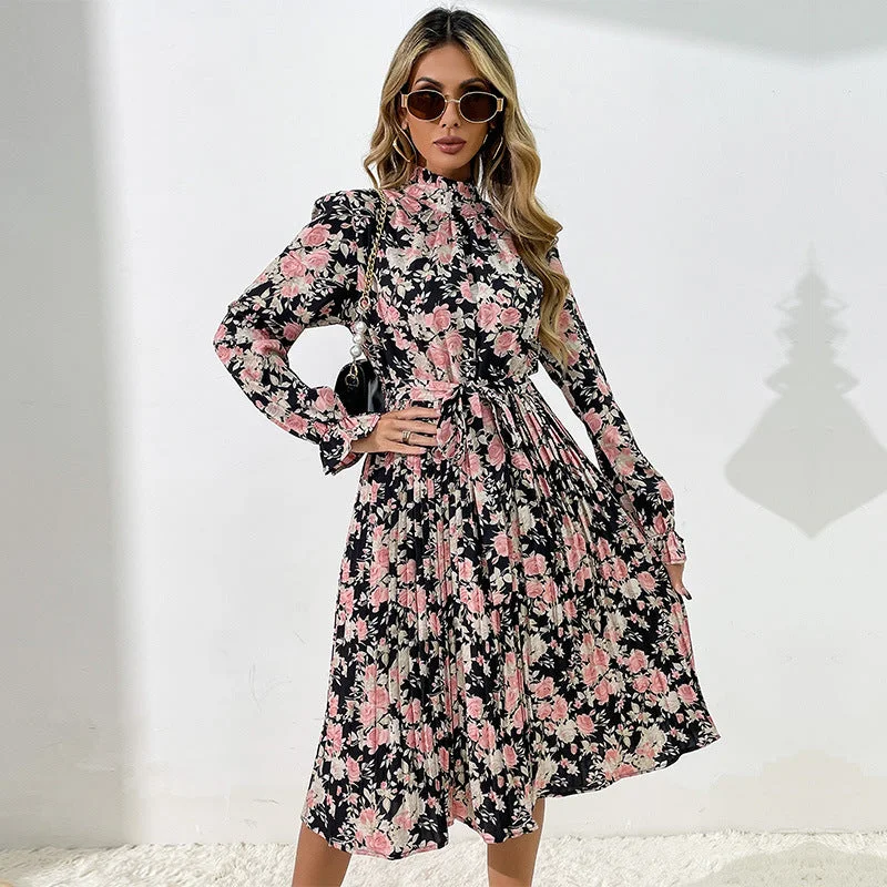 Weekend Flash Sale Floral Pleated Long Sleeve Mock Neck Midi Dress