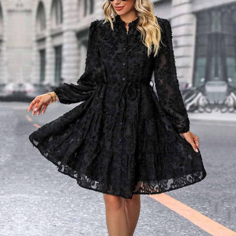 Steals and Deals Floral Embossed Cinch Waist Long Sleeve Mini Dress