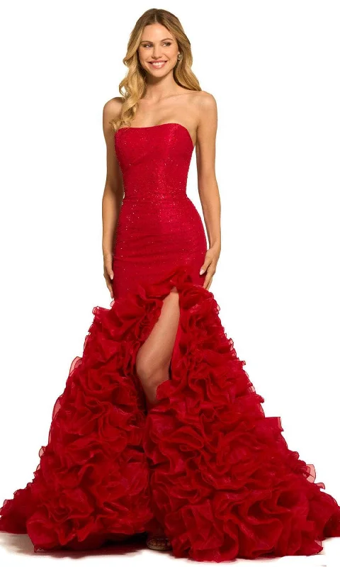 Limited Quantity Sherri Hill 55492 - Beaded Strapless Ruffled Slit Gown