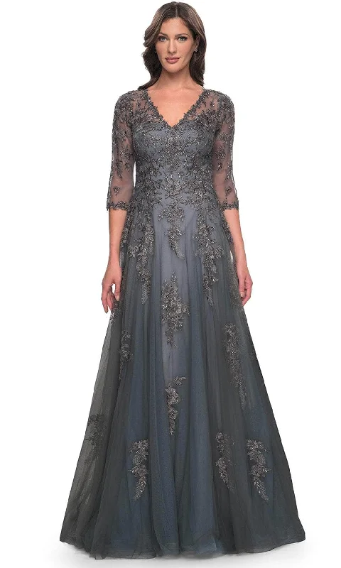 Mega Sale La Femme 30201 - V-Neck Embroidered Long Dress