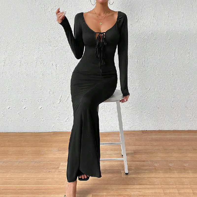 Extra Discounts Solid Long Sleeve Drawstring Keyhole Bodycon Maxi Dress