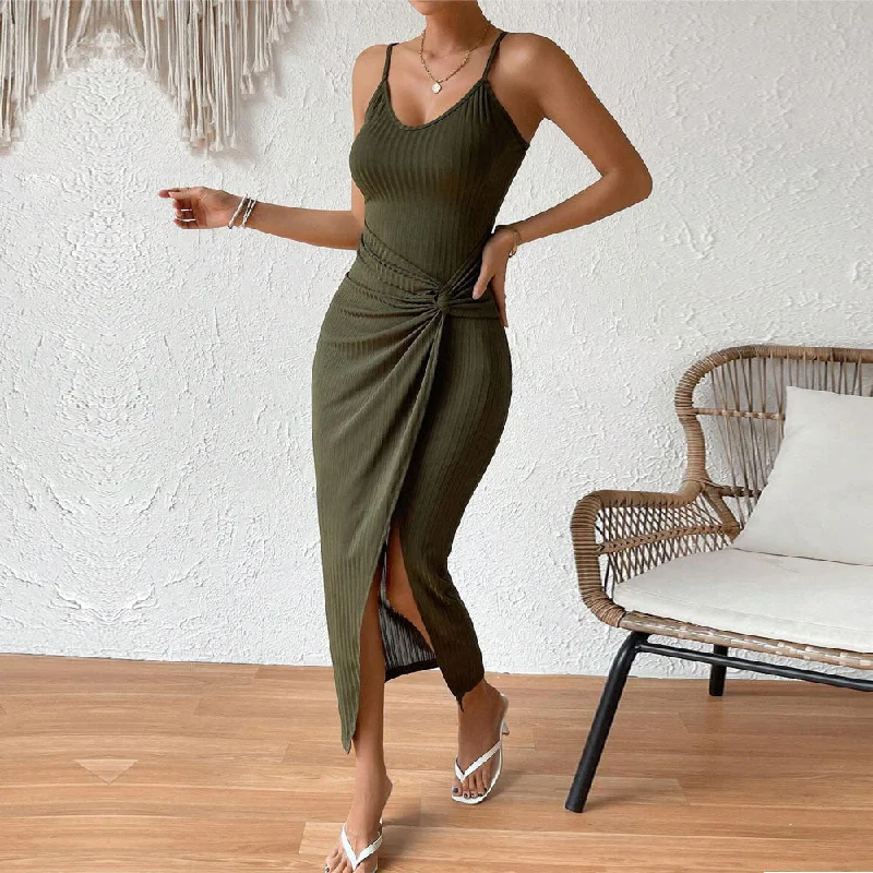 Special Price Ribbed Ruched Side Slit Midi Dress