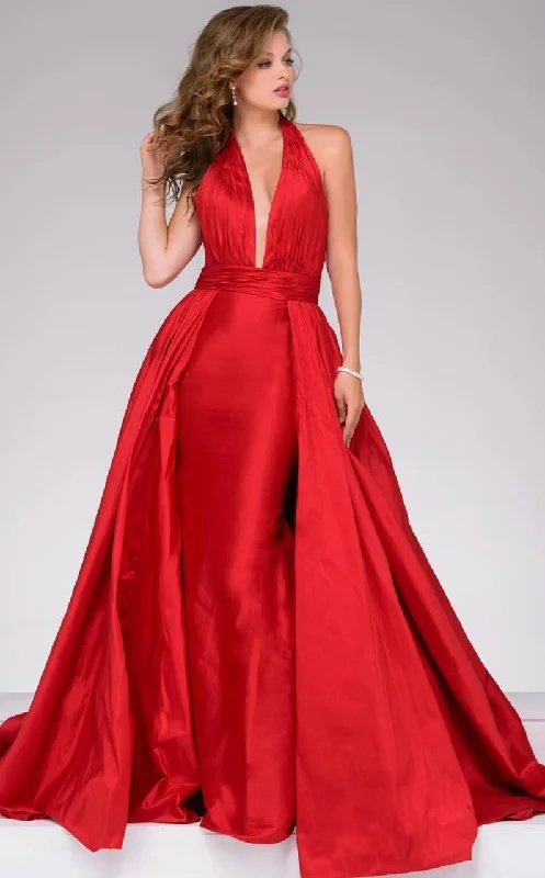 Lowest Price Jovani Halter Style Plunging Gown with Overskirt 42843A 1 pc Red in size 12 Available