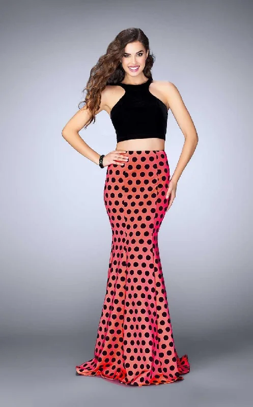 Final Markdown La Femme - 24297 Vivid Polka Dot Halter Mermaid Long Evening Gown