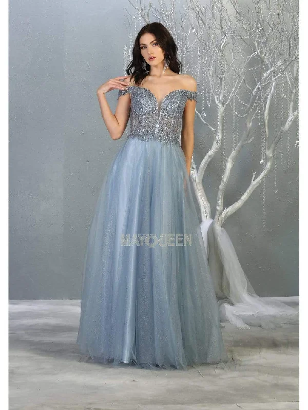 Price Buster May Queen - RQ7864 Embellished Plunging Off-Shoulder Gown