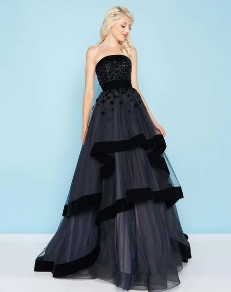 Online Only Mac Duggal - Velvet Trimmed Strapless Tiered Evening Gown 66346H