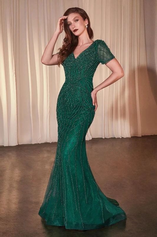 Major Savings Beaded Fitted Short Sleeve Gown by Ladivine CC4019