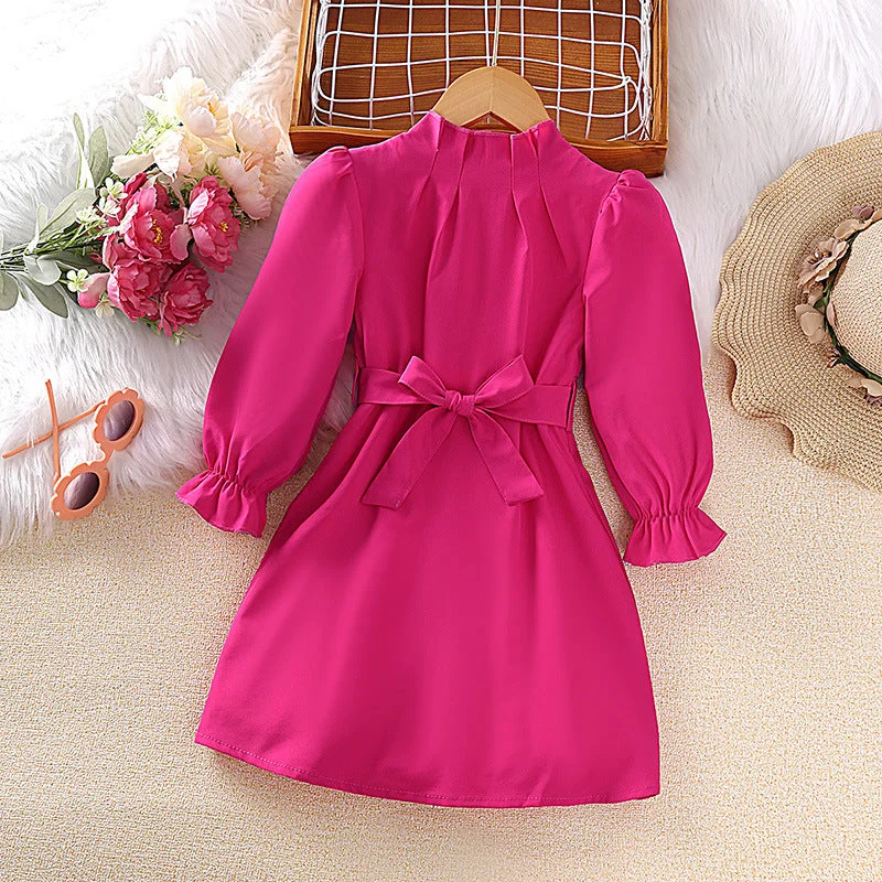 Amazing Deals Kids Pleated Detail Long Sleeve Bowtie Front Dress