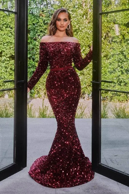 Stock Clearance Portia and Scarlett - Long Sleeve Sequin Gown PS21032 - 1 pc Deep-Red in Size 16 Available