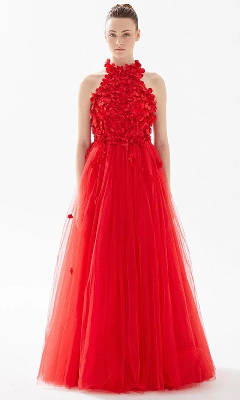 Great Deals Tarik Ediz 98243 - Floral Appliqued Halter Evening Gown