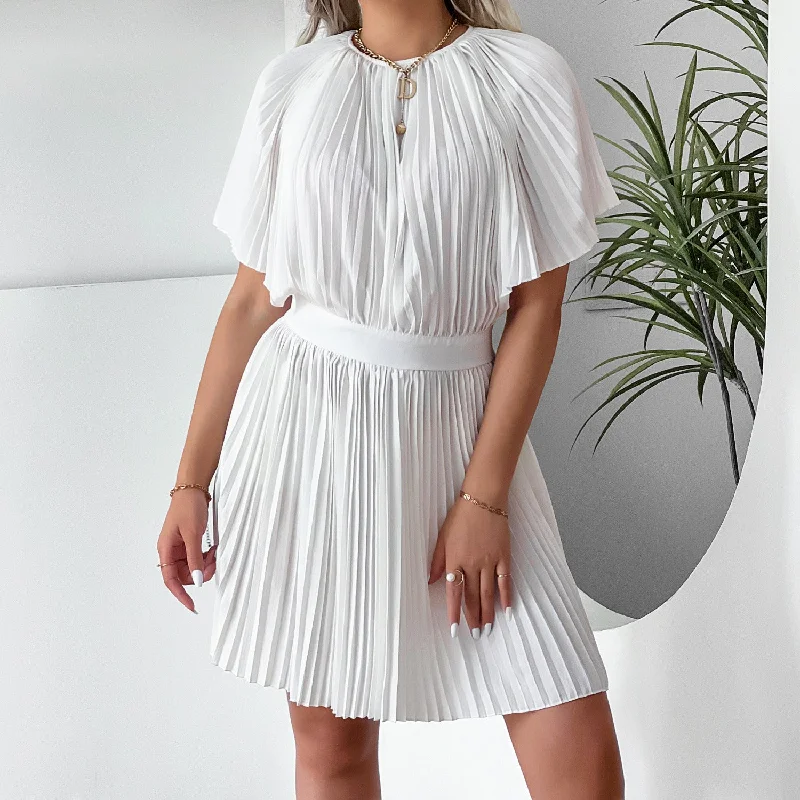 Overstock Pleated Batwing Cinch Waist Mini Dress