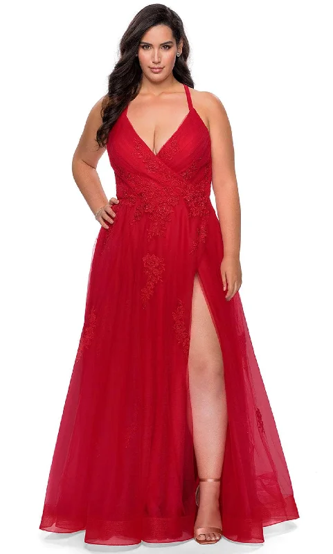 Special Offer La Femme - 29021 Plunging V-neck Tulle Plus Size Prom Gown