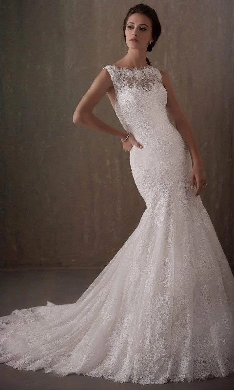 Closeout Adrianna Papell Platinum - 31013 Lace Drape Bateau Trumpet Bridal Gown