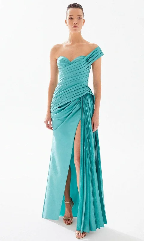 Clearance Items Tarik Ediz 98324 - Asymmetric Neck Pleated Evening Gown