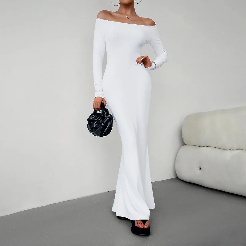 New Arrival Long Sleeve Off Shoulder Solid Longline Lounge Maxi Dress
