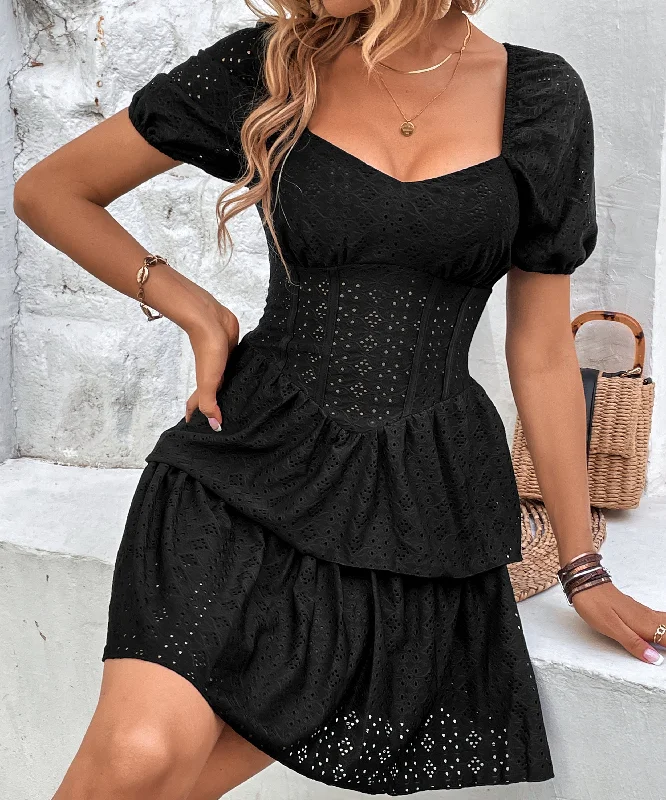Get It Before It’s Gone Cinch Waist Corset Puff Sleeve Short Sleeve Ruffle Tiered Mini Dress Get It Before It’s Gone Cinch Waist Corset Puff Sleeve Short Sleeve Ruffle Tiered Mini Dress