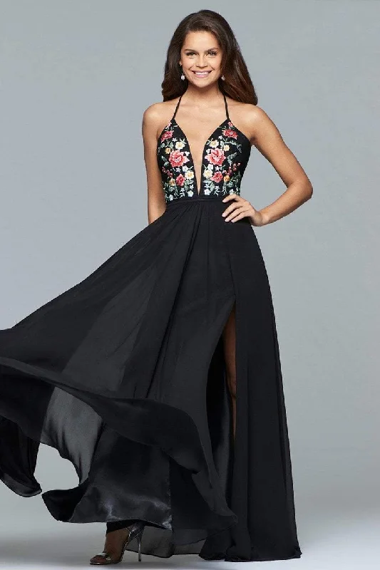 Midnight Sale Faviana - 10000 Plunging Floral Embroidered Chiffon Simple Prom Gown Midnight Sale Faviana - 10000 Plunging Floral Embroidered Chiffon Simple Prom Gown
