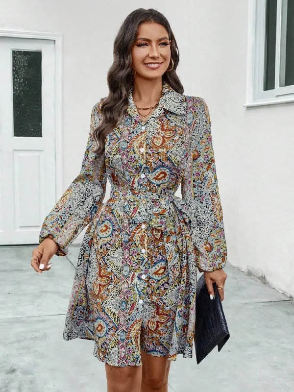Limited Edition Paisley Aztec Floral Cinch Waist Long Sleeve Button Up Mini Dress