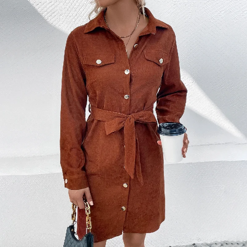 Weekend Deal Corduroy Button Up Belted Long Sleeve Pocketed Mini Dress