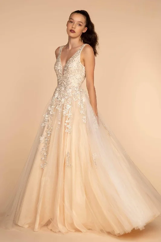 Extra Savings GLS by Gloria - GL2529 Plunging V-Neck Trailing Blossom Gown