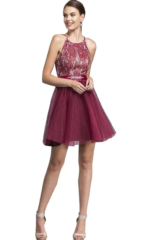 Best Seller Aspeed Design - Halter Cocktail Dress with Ribbon Sash Waistband