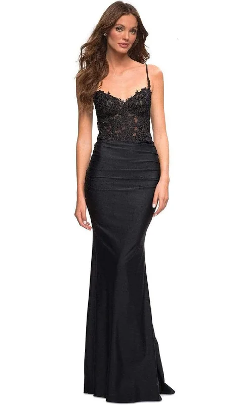 Online Only La Femme - 30521 Lace Bodice Jersey Gown