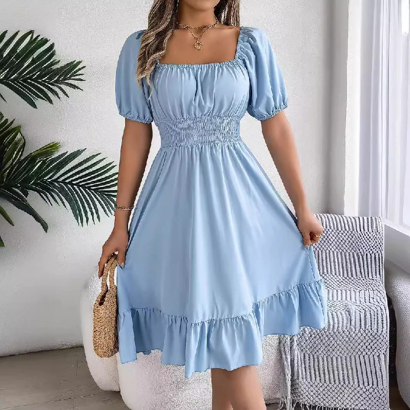 Deal Zone Short Sleeve Cinch Waist Square Neck Ruffle Hem Mini Dress