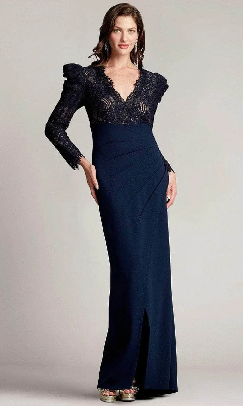 Price Drop Tadashi Shoji - Puffed Sleeve Evening Gown BTF21173LX - 1 pc Navy/Nude In Size 16 Available