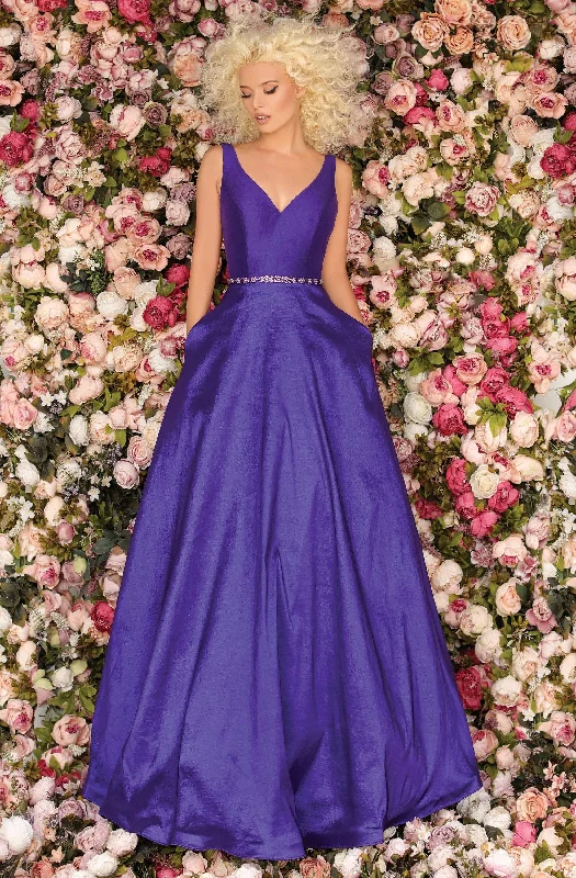 Shop and Save Clarisse - 8194 Sleeveless V Neck A-Line Gown with Beaded Belt
